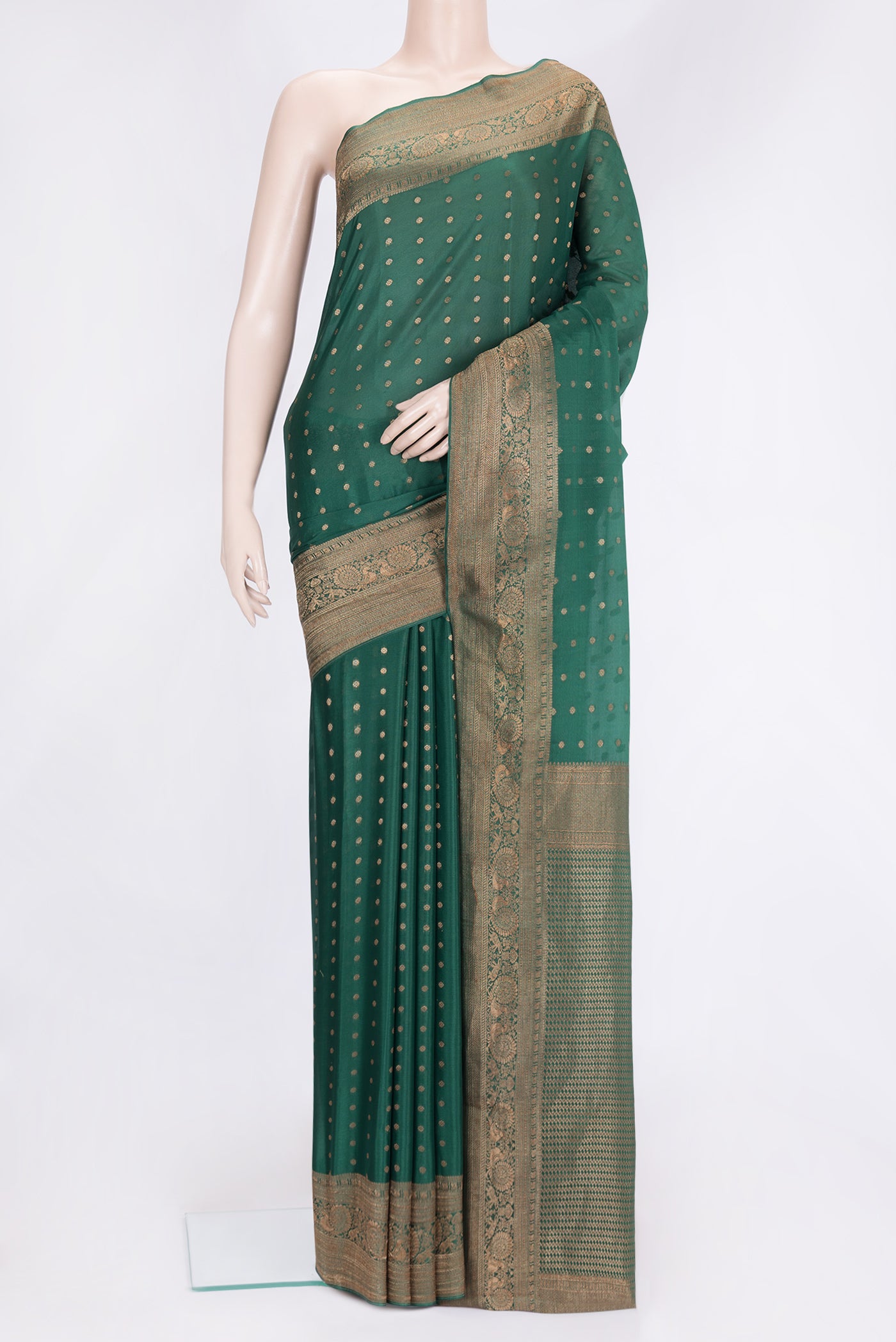 Bottle Green Dual Tone Banarasi Georgette Saree with Zari Butta on the body and Zari Border.  displayed on a mannequin