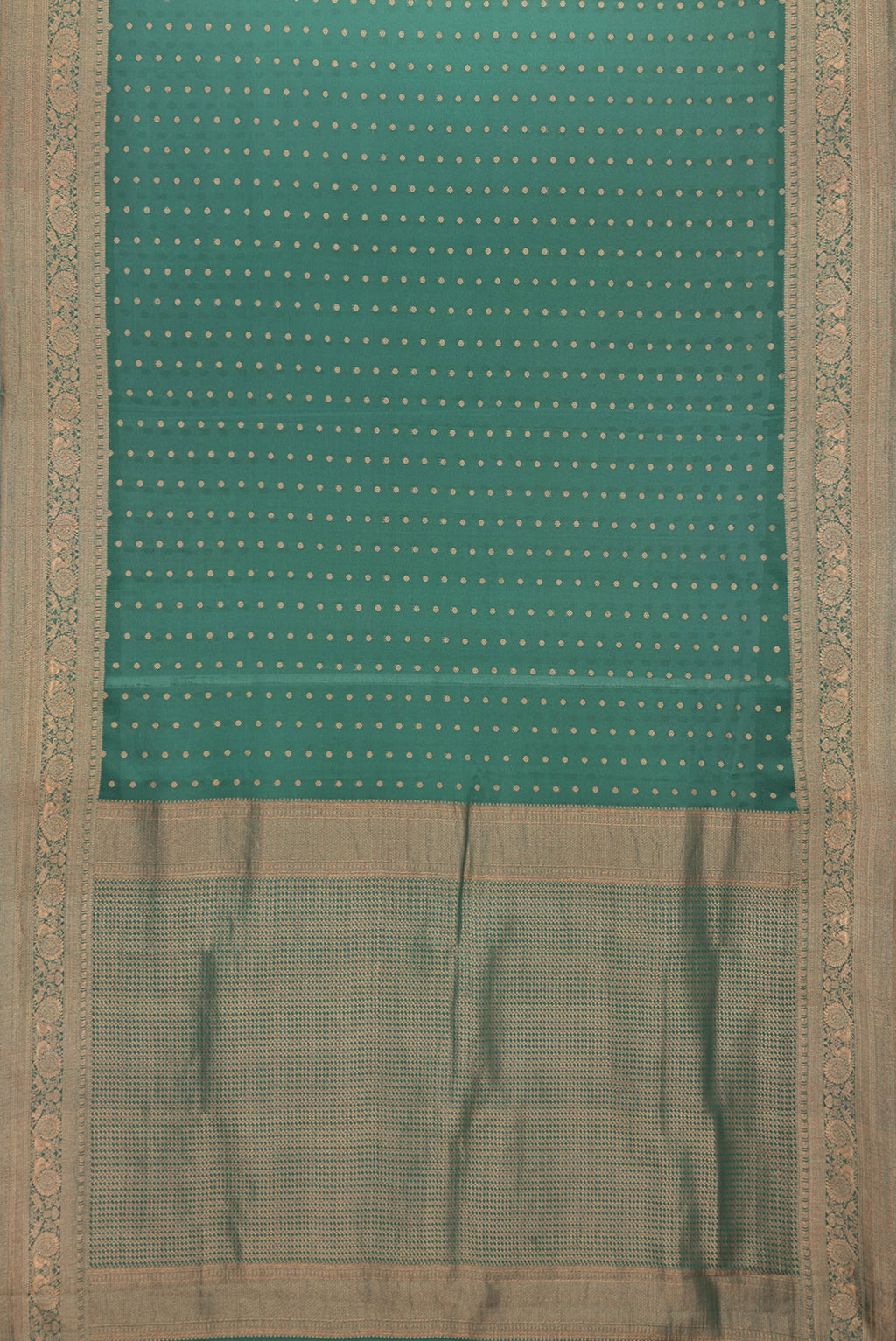 Flat view of Bottle Green Dual Tone Banarasi Georgette Saree with Zari Butta on the body and Zari Border. 