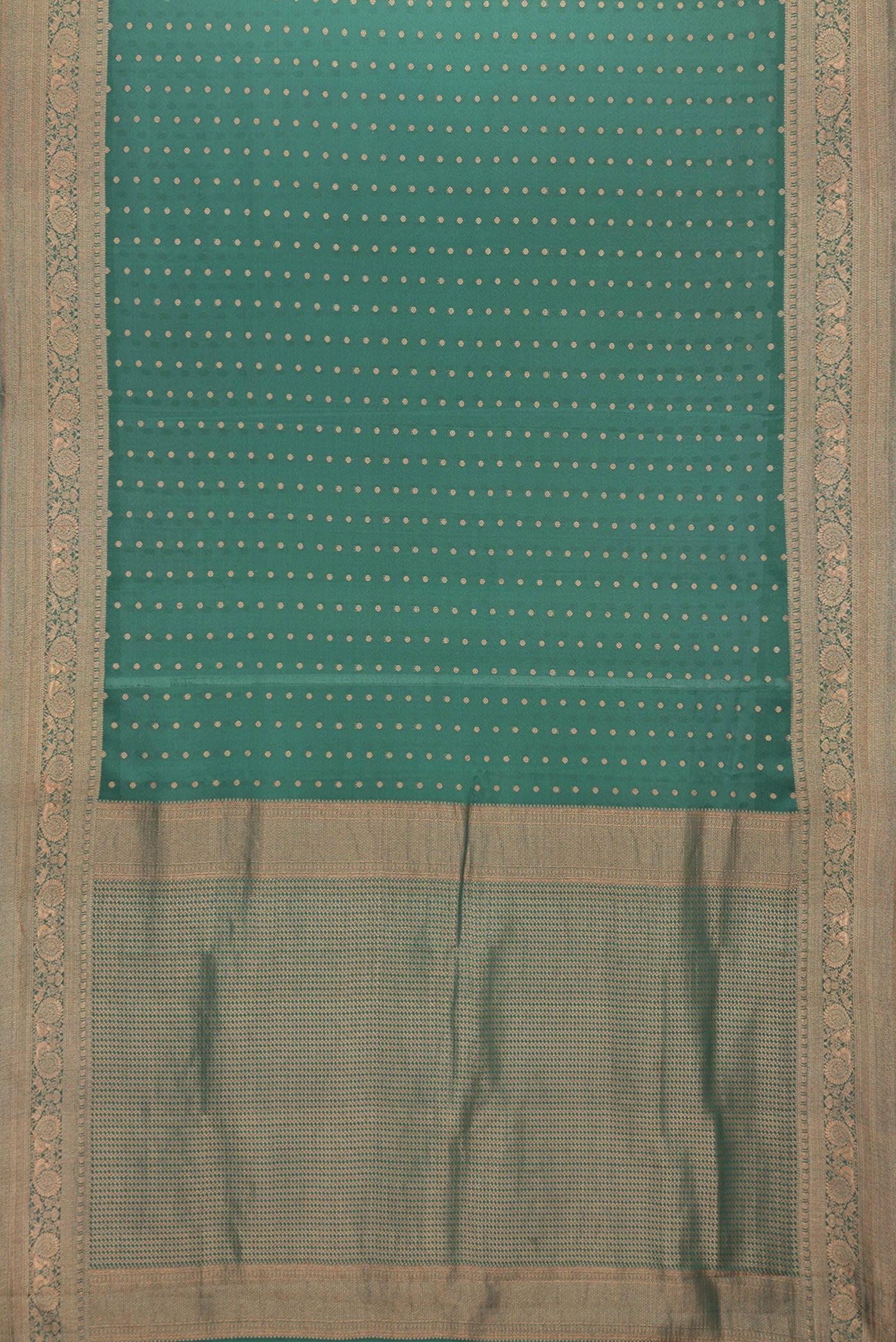 Flat view of Bottle Green Dual Tone Banarasi Georgette Saree with Zari Butta on the body and Zari Border. 