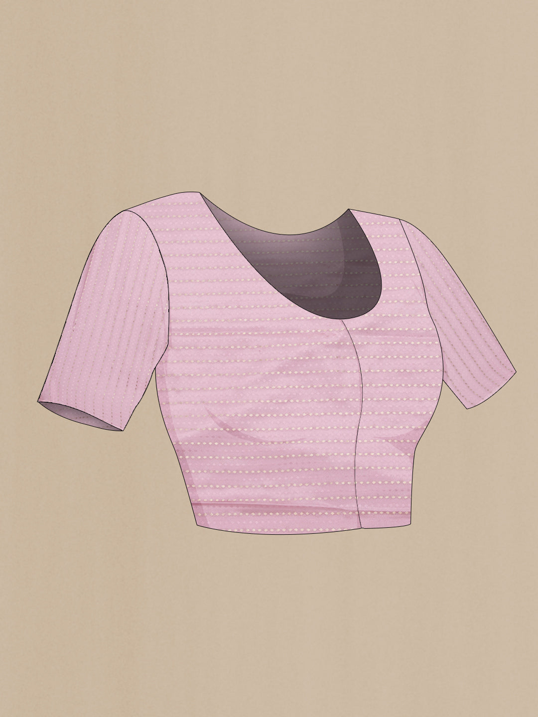 Close up image of the blouse of Pink Dual Tone Mysore Crepe Saree with Zari Butta on the body and Zari Border. 