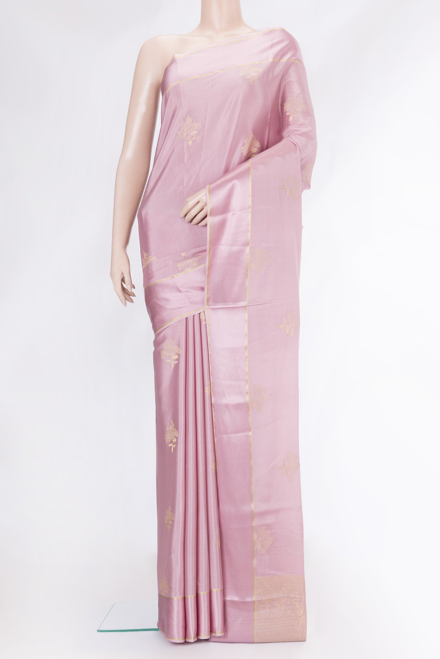 Pink Dual Tone Mysore Crepe Saree with Zari Butta on the body and Zari Border.  displayed on a mannequin