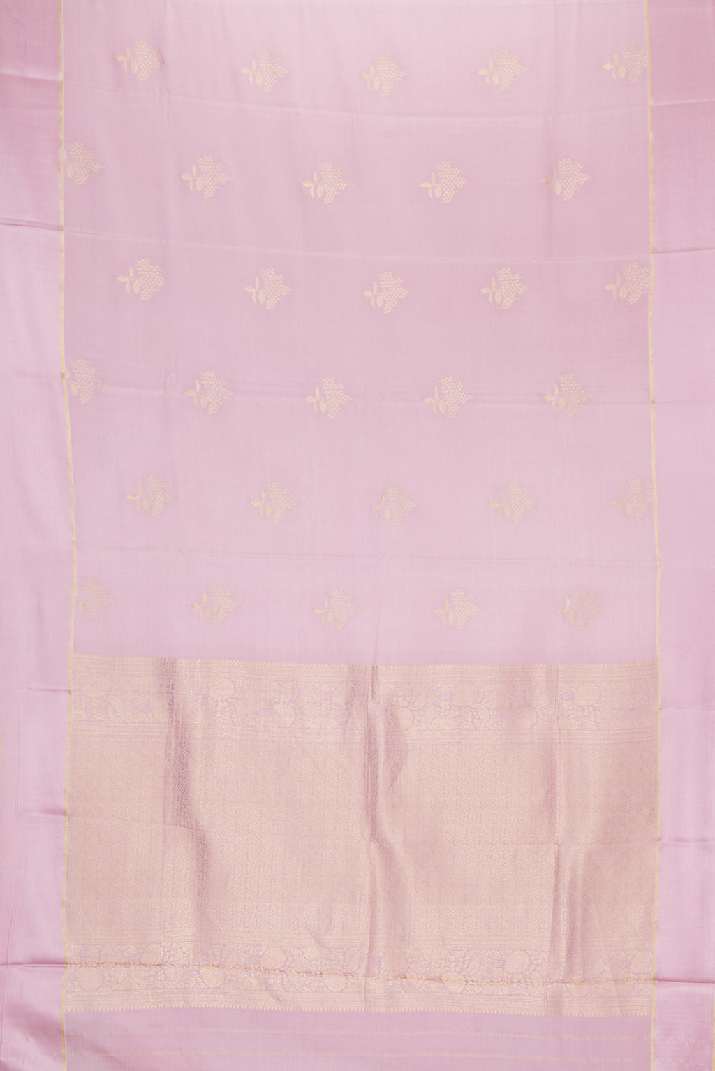 Flat view of Pink Dual Tone Mysore Crepe Saree with Zari Butta on the body and Zari Border. 
