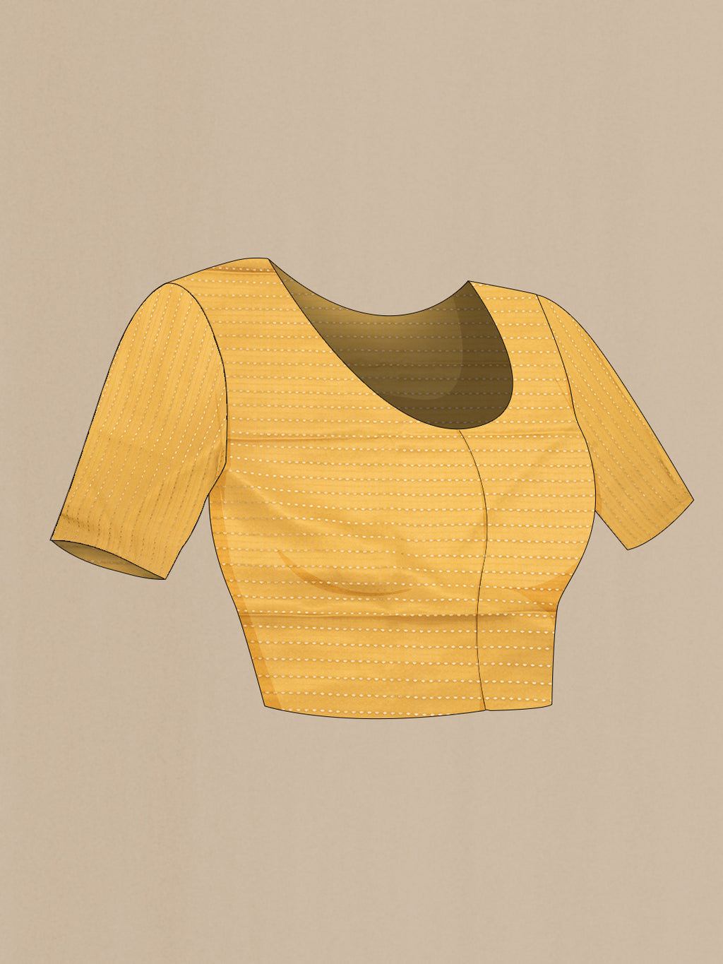 Close up image of the blouse of Mustard Dual Tone Mysore Crepe Saree with Zari Butta on the body and Zari Border. 