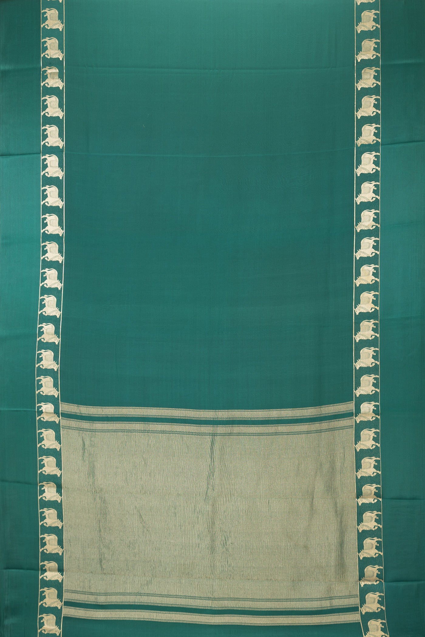 Flat view of Bottle Green Dual Tone Mysore Silk Saree with Plain Body and Fancy Border. 