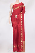 Red Mysore Silk Saree with Plain Body and Fancy Border.  displayed on a mannequin