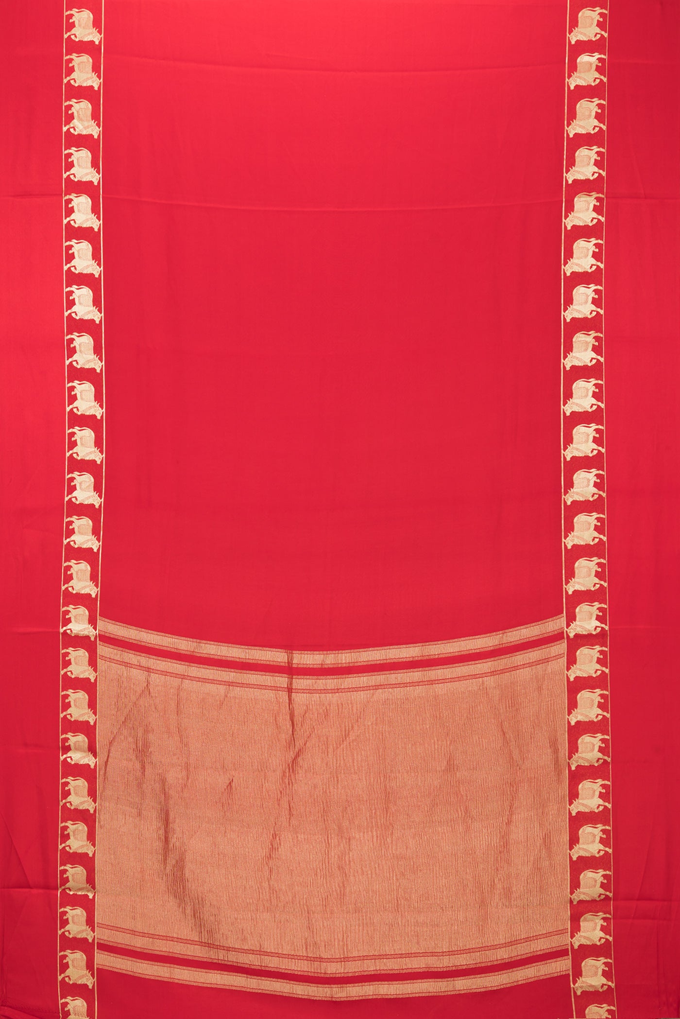 Flat view of Red Mysore Silk Saree with Plain Body and Fancy Border. 