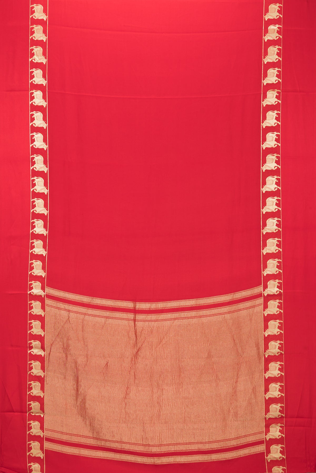 Flat view of Red Mysore Silk Saree with Plain Body and Fancy Border. 