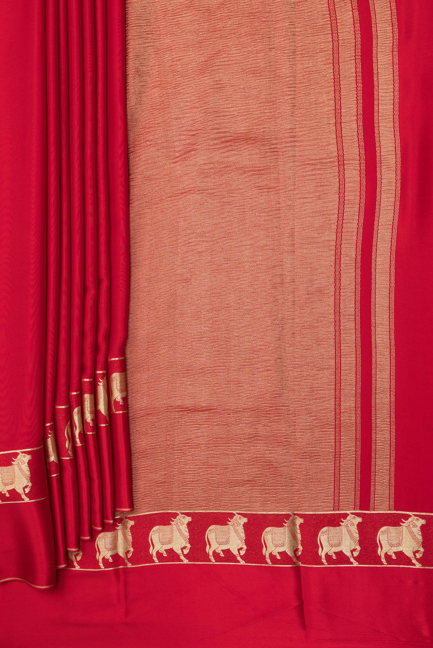 Pleats and pallu of Red Mysore Silk Saree with Plain Body and Fancy Border. 