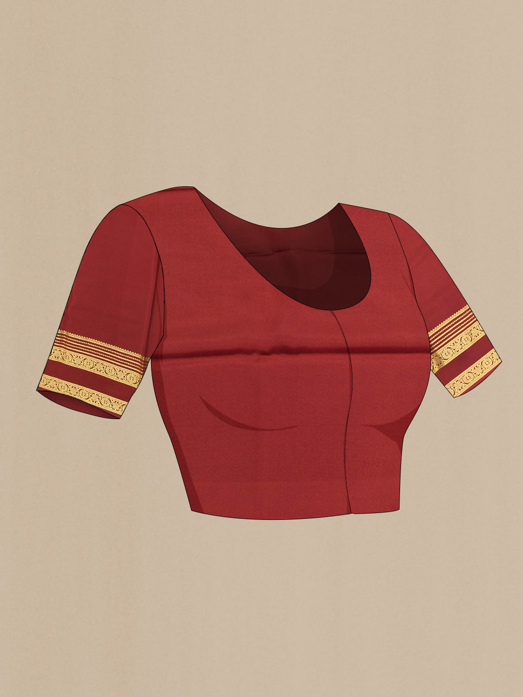 Close up image of the blouse of Maroon Mysore Silk Saree with Plain Body and Zari Border. 