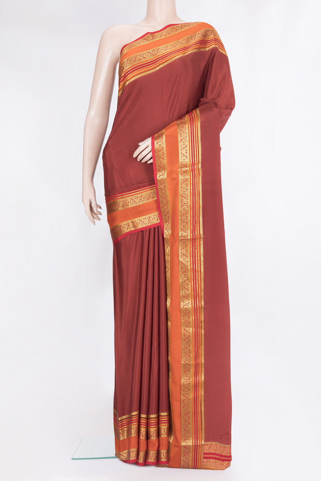 Maroon Mysore Silk Saree with Plain Body and Zari Border.  displayed on a mannequin