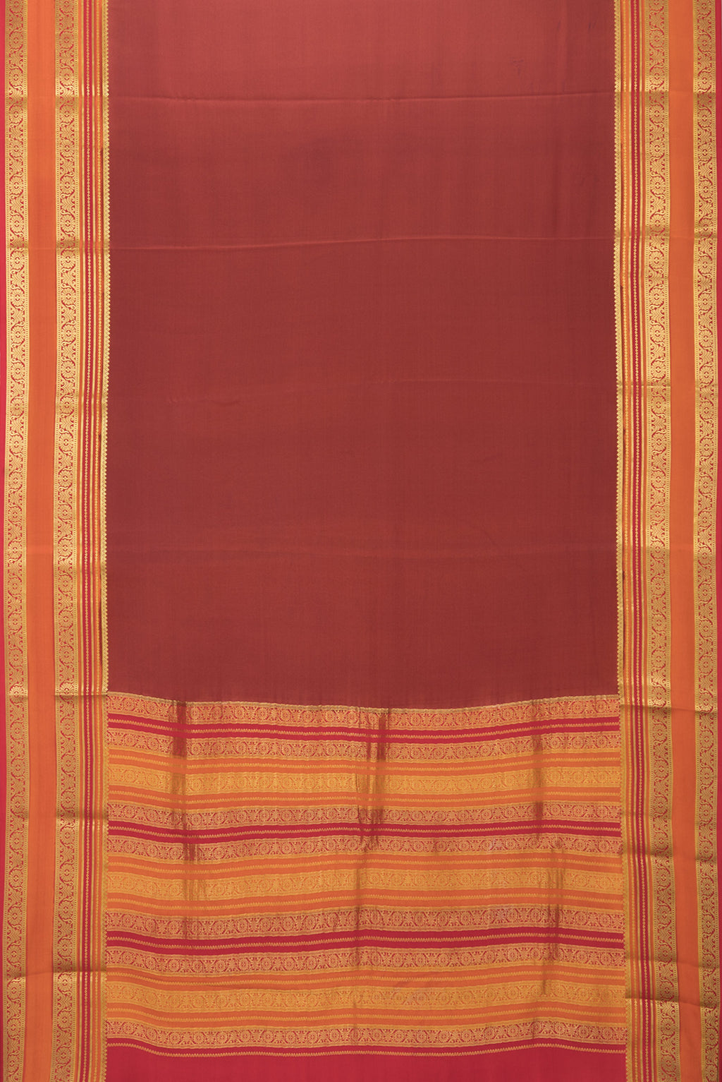 Flat view of Maroon Mysore Silk Saree with Plain Body and Zari Border. 