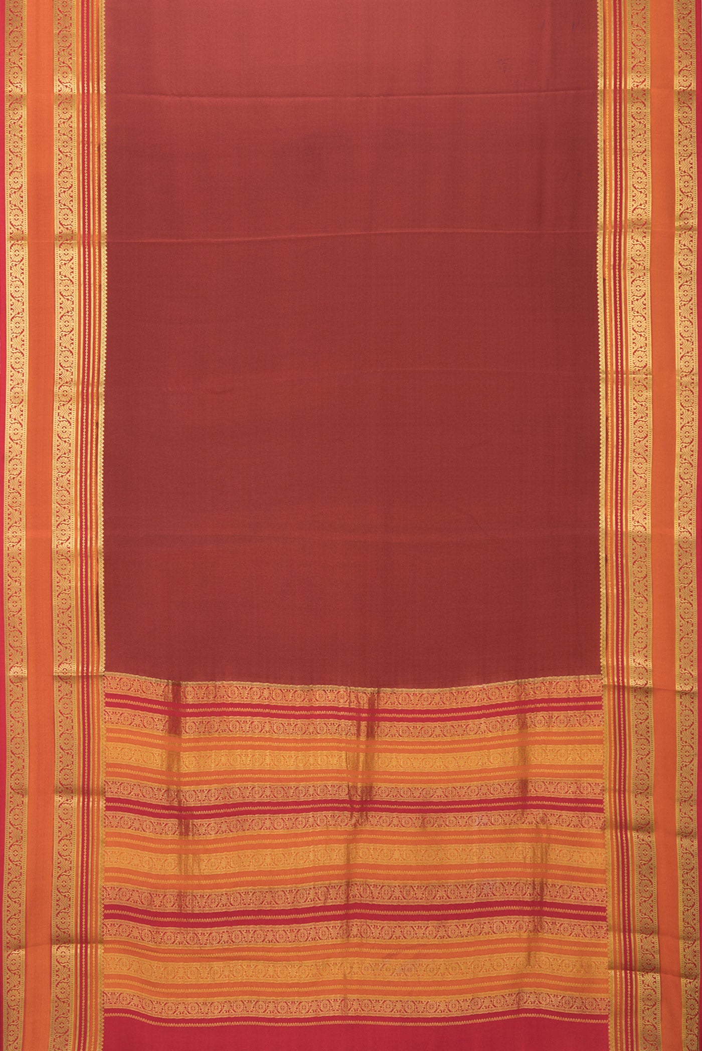 Flat view of Maroon Mysore Silk Saree with Plain Body and Zari Border. 