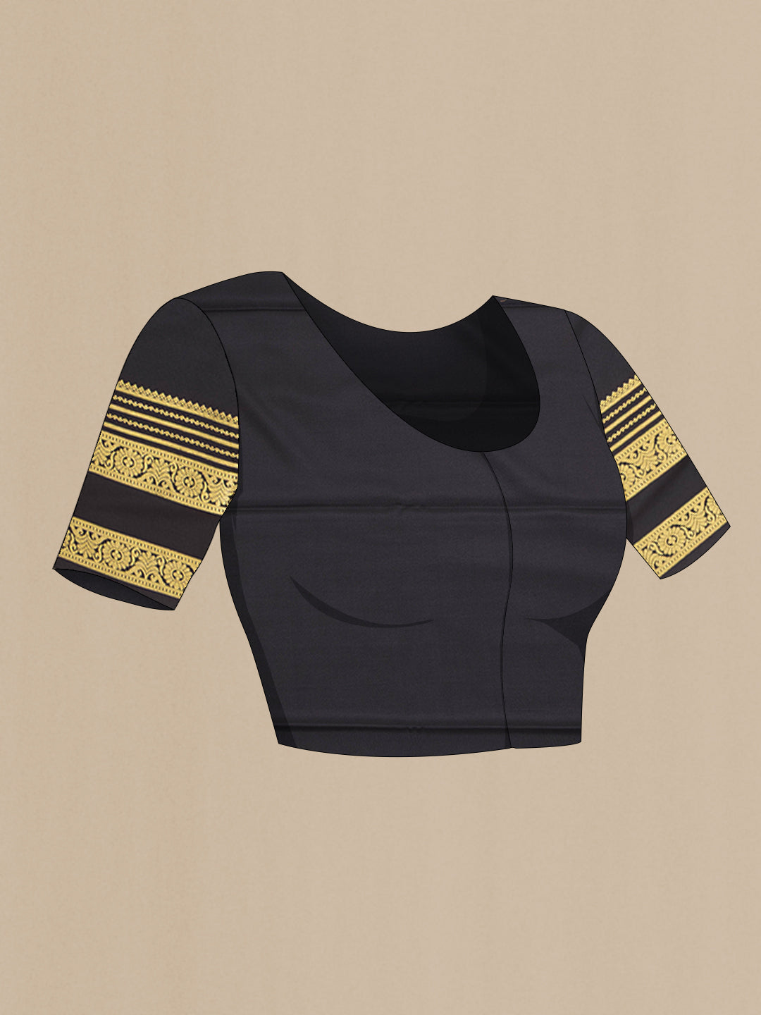 Close up image of the blouse of Black Mysore Silk Saree with Plain Body and Zari Border. 