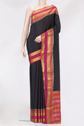 Black Mysore Silk Saree with Plain Body and Zari Border.  displayed on a mannequin