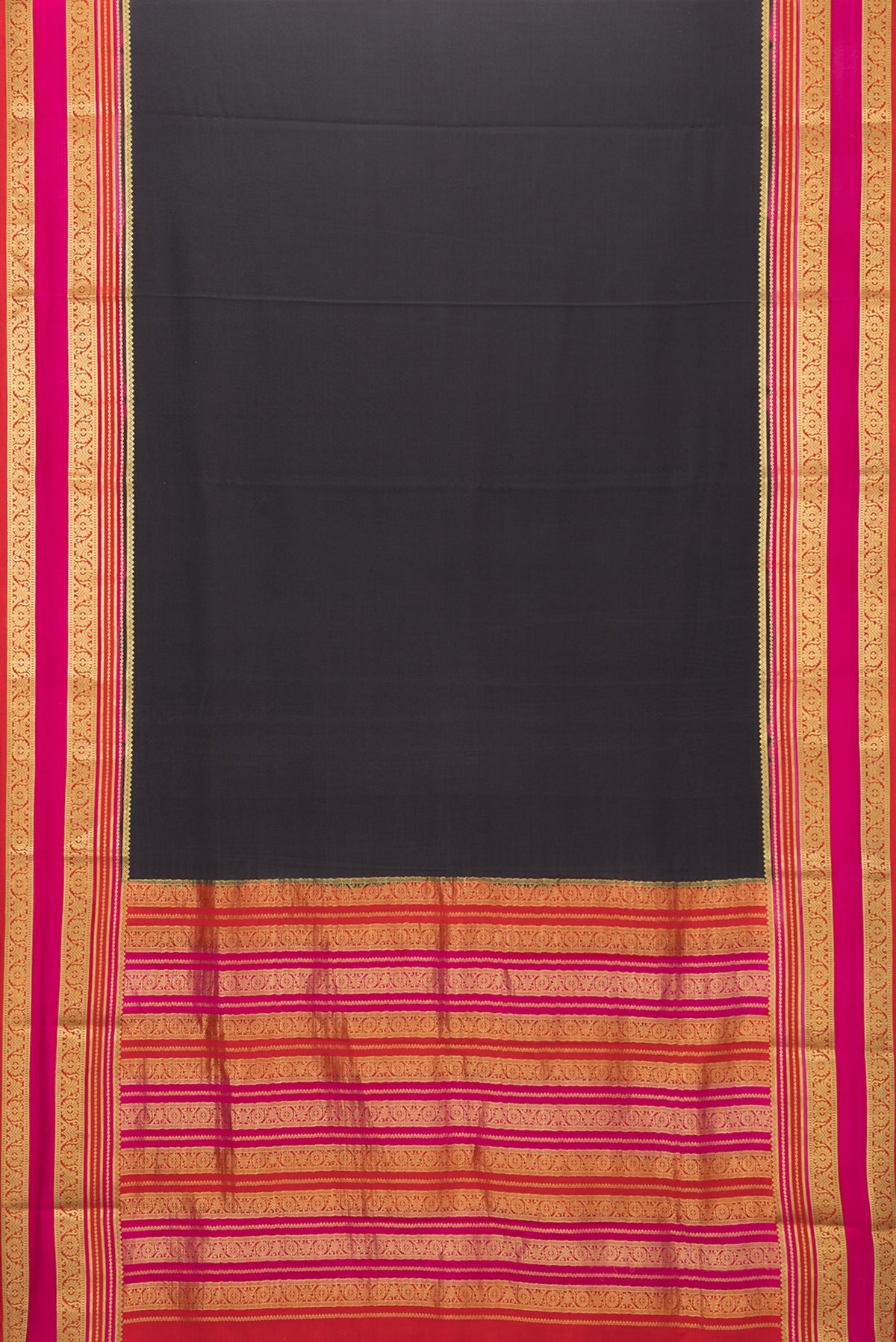 Flat view of Black Mysore Silk Saree with Plain Body and Zari Border. 