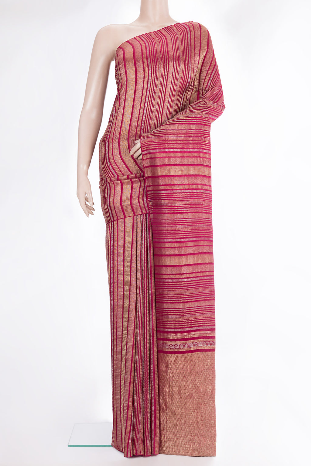 Dark Pink Banarasi Georgette Saree with Zari Brocade on the body and Without Border.  displayed on a mannequin