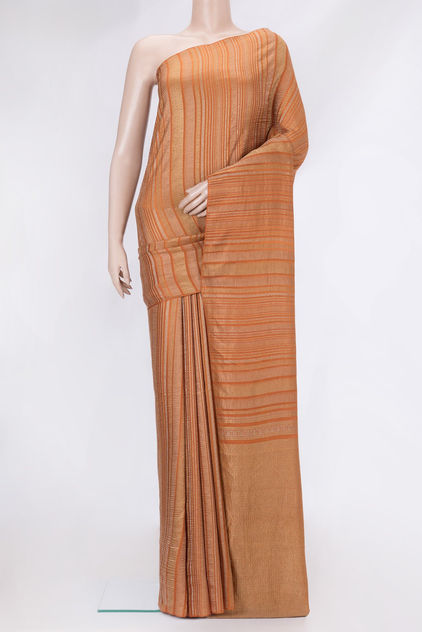 Orange Dual Tone Mysore Georgette Saree with Stripes on the body and Zari Border.  displayed on a mannequin