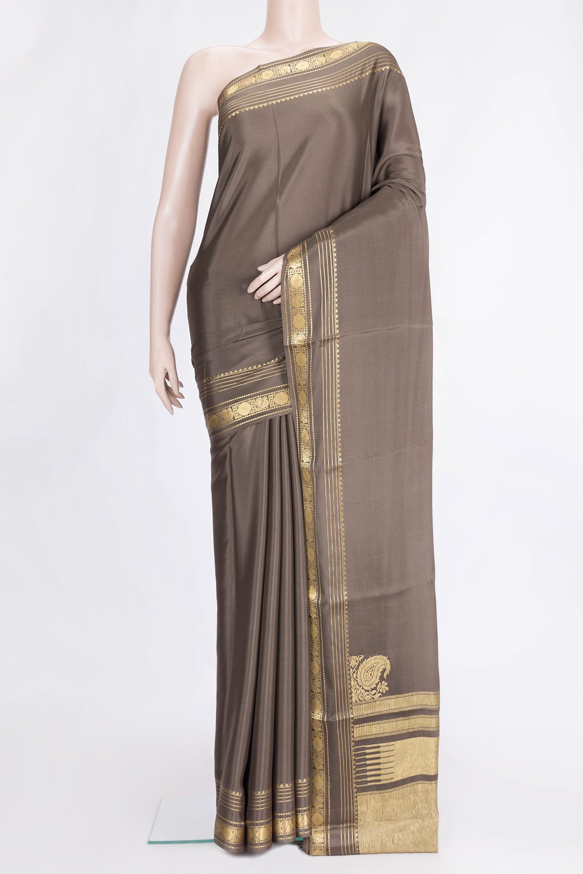 Mehandi Green Dual Tone Mysore Silk Saree with Plain Body and Zari Border.  displayed on a mannequin