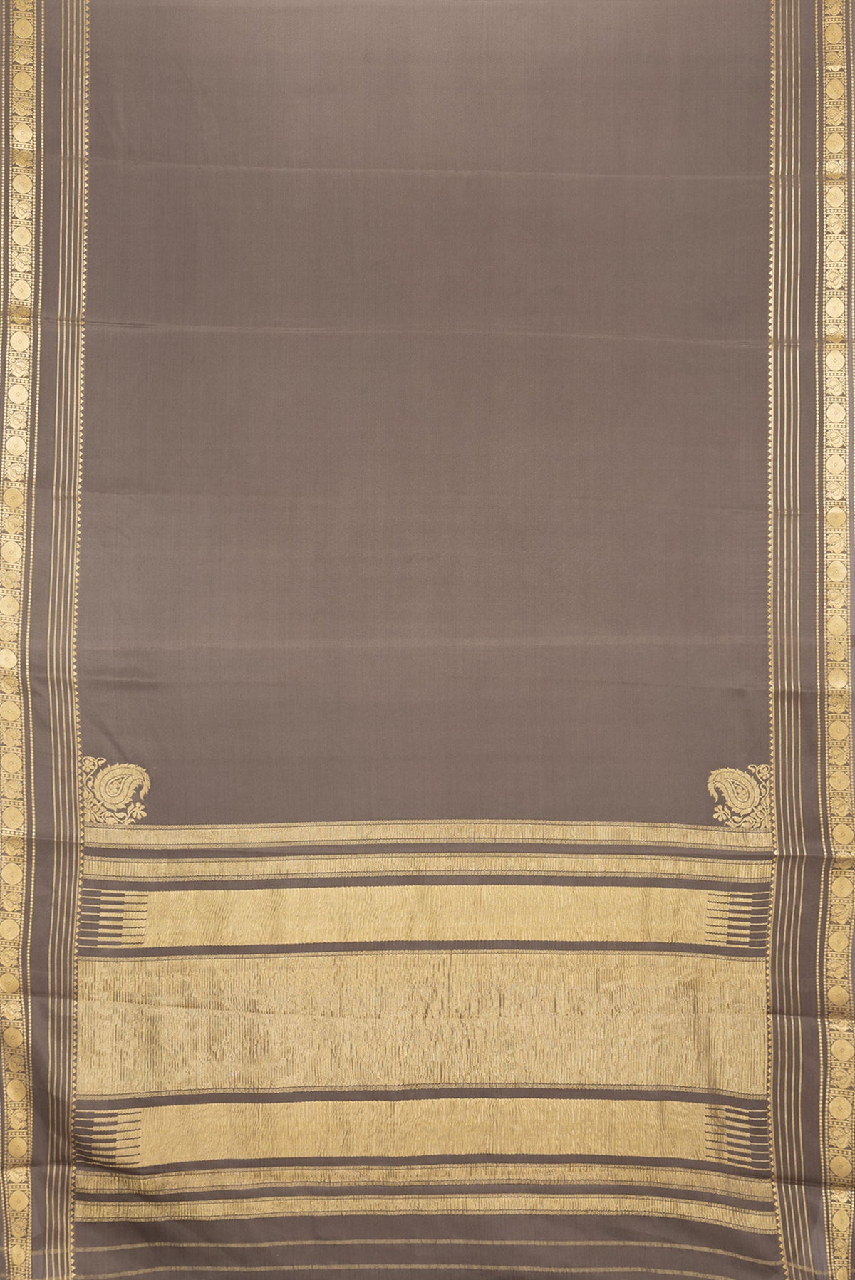 Flat view of Mehandi Green Dual Tone Mysore Silk Saree with Plain Body and Zari Border. 