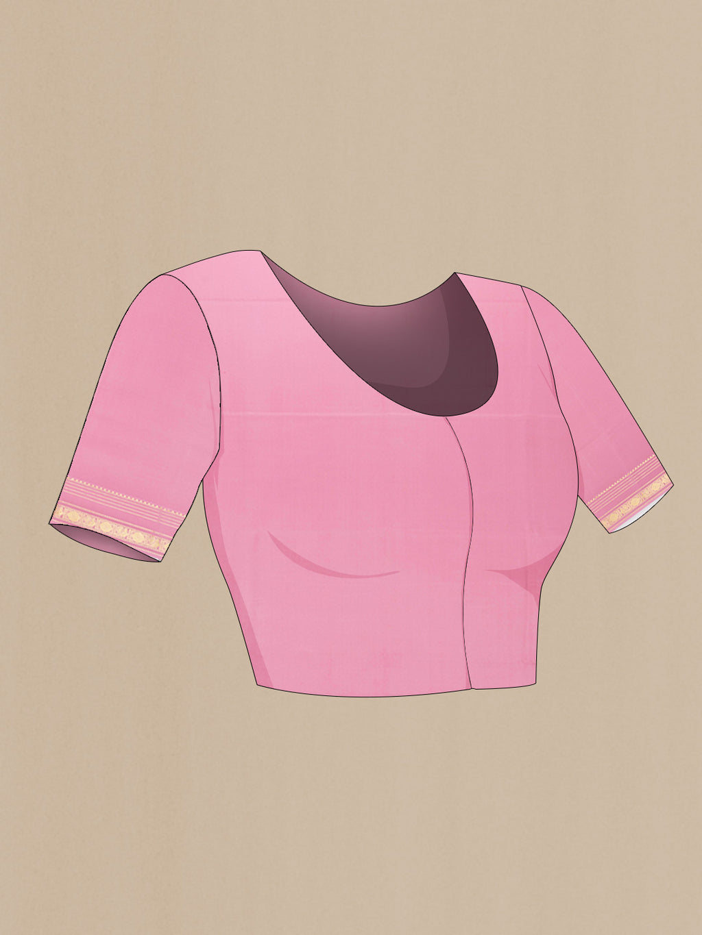 Close up image of the blouse of Pink Dual Tone Mysore Silk Saree with Zari Butta on the body and Zari Border. 