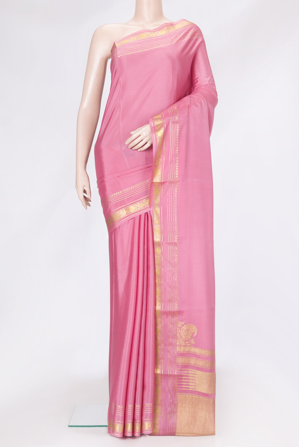 Pink Dual Tone Mysore Silk Saree with Zari Butta on the body and Zari Border.  displayed on a mannequin