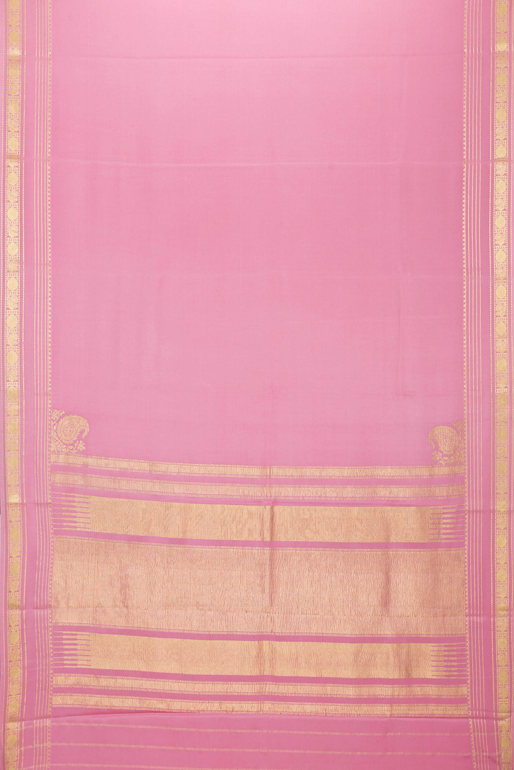 Flat view of Pink Dual Tone Mysore Silk Saree with Zari Butta on the body and Zari Border. 