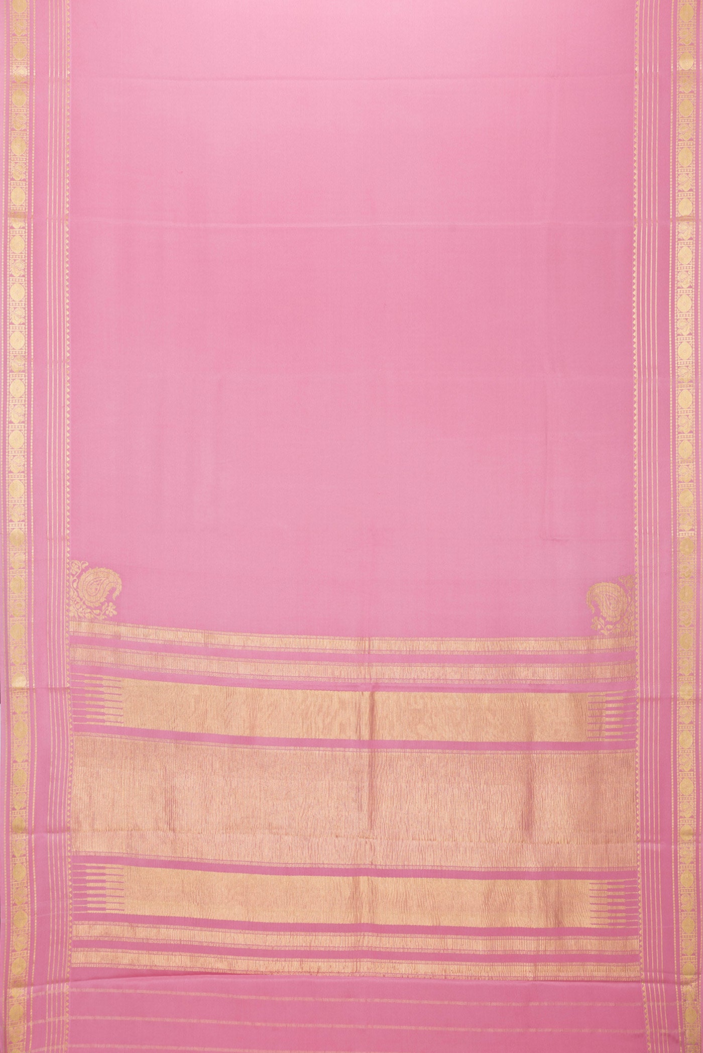 Flat view of Pink Dual Tone Mysore Silk Saree with Zari Butta on the body and Zari Border. 