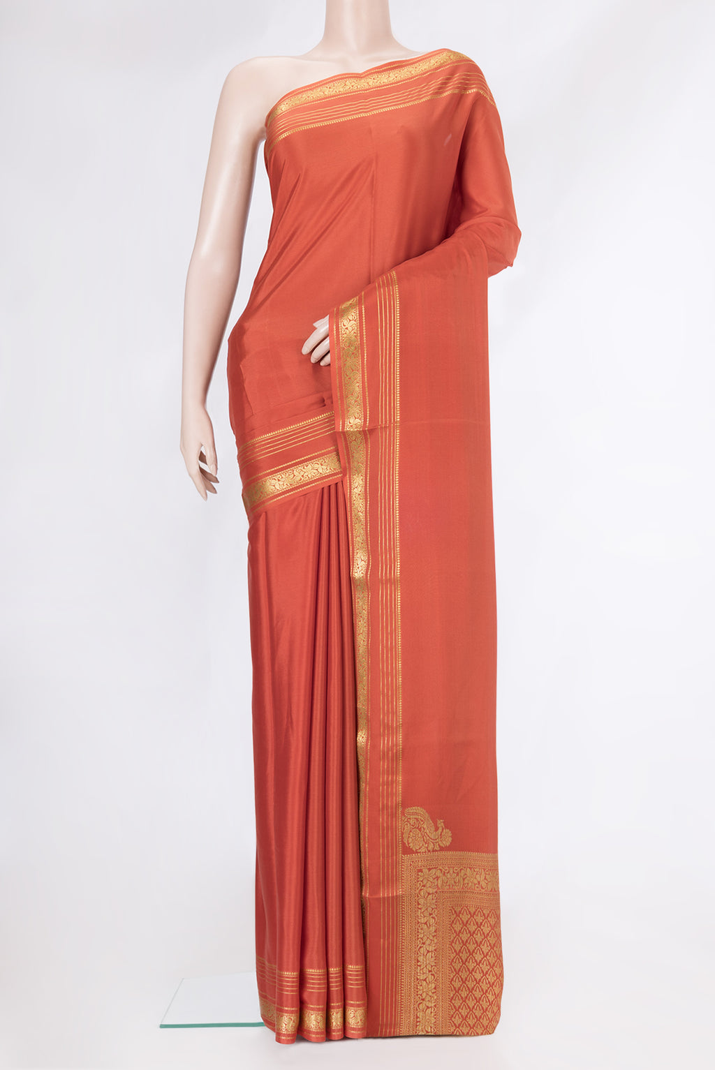 Orange Dual Tone Mysore Silk Saree with Plain Body and Zari Border.  displayed on a mannequin