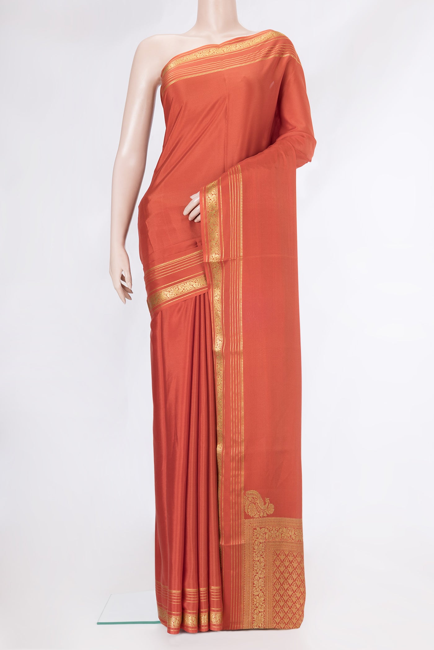 Orange Dual Tone Mysore Silk Saree with Plain Body and Zari Border.  displayed on a mannequin