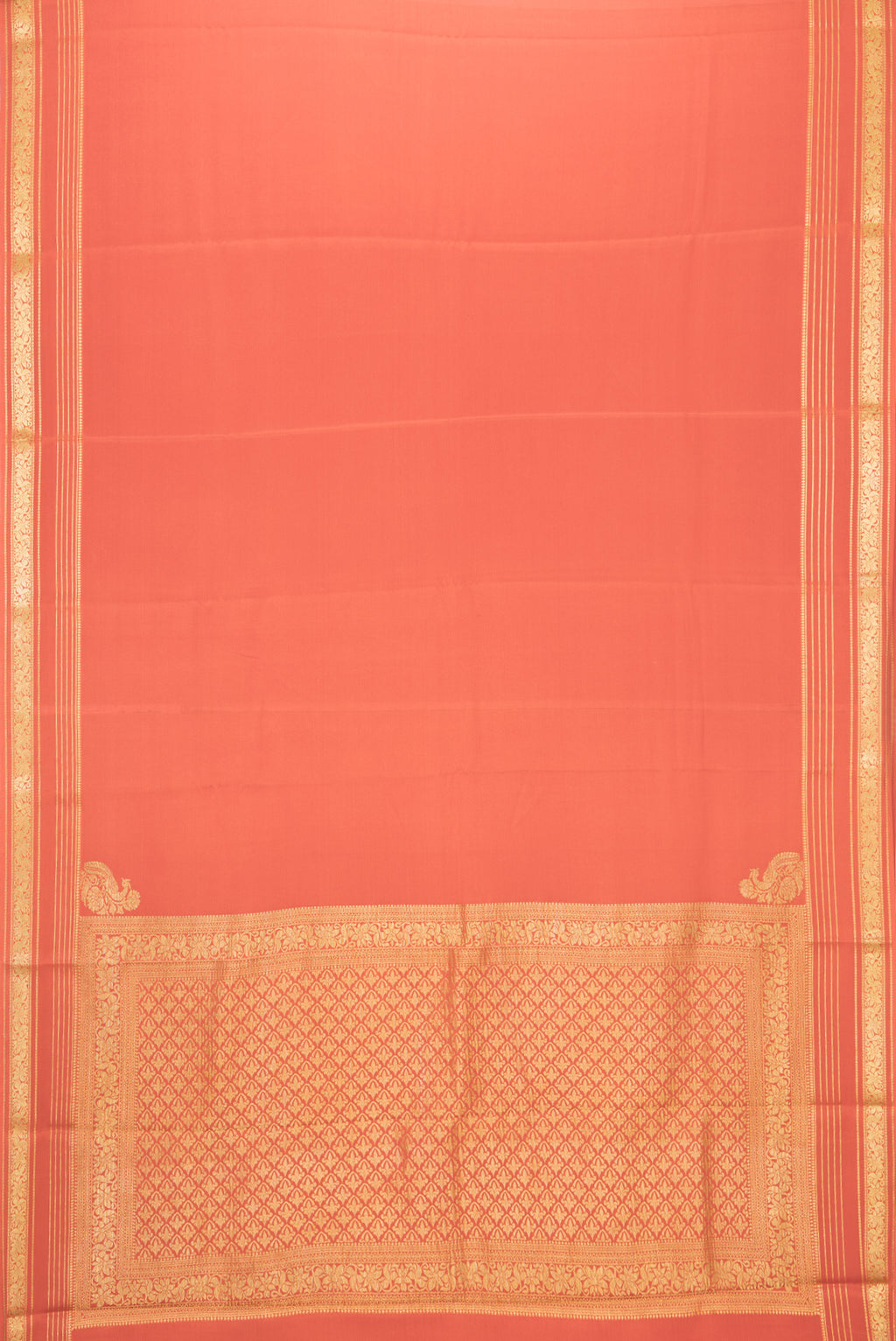 Flat view of Orange Dual Tone Mysore Silk Saree with Plain Body and Zari Border. 