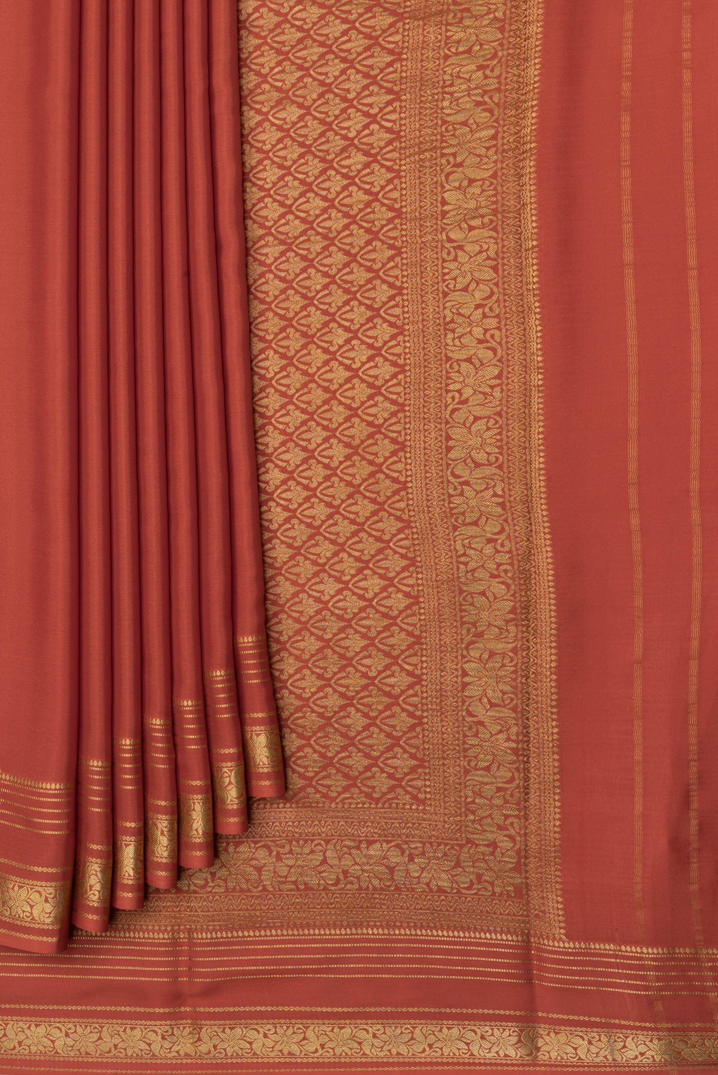 Pleats and pallu of Orange Dual Tone Mysore Silk Saree with Plain Body and Zari Border. 