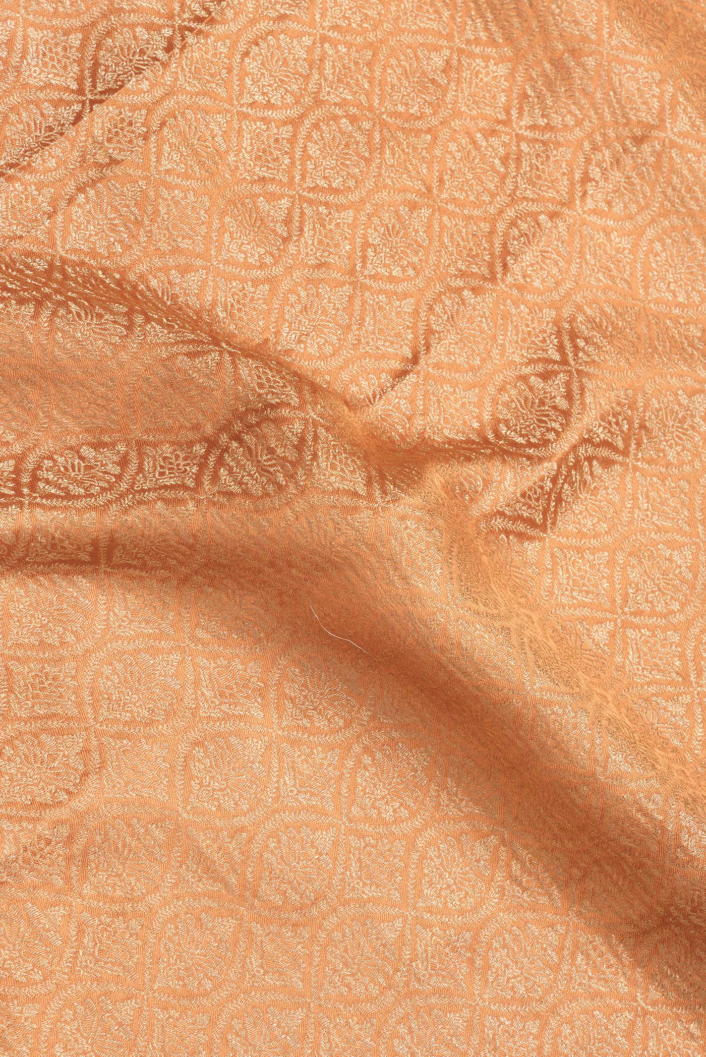 Close up of Orange Dual Tone Mysore Georgette Saree with Zari Brocade on the body and Zari Border.  displaying folds
