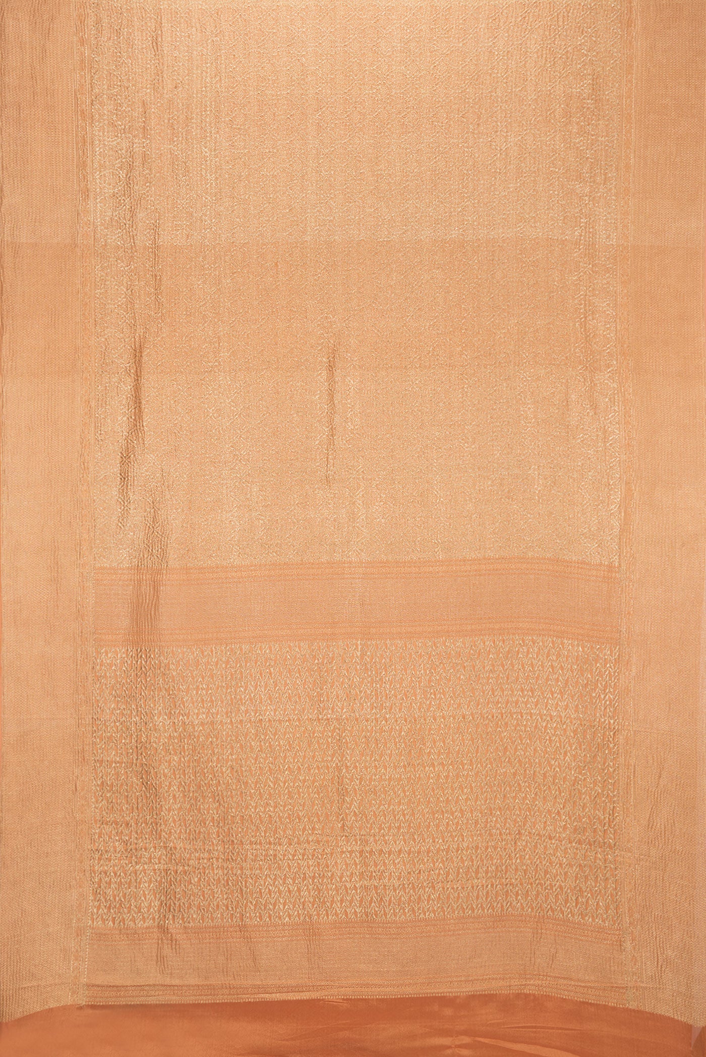 Flat view of Orange Dual Tone Mysore Georgette Saree with Zari Brocade on the body and Zari Border. 