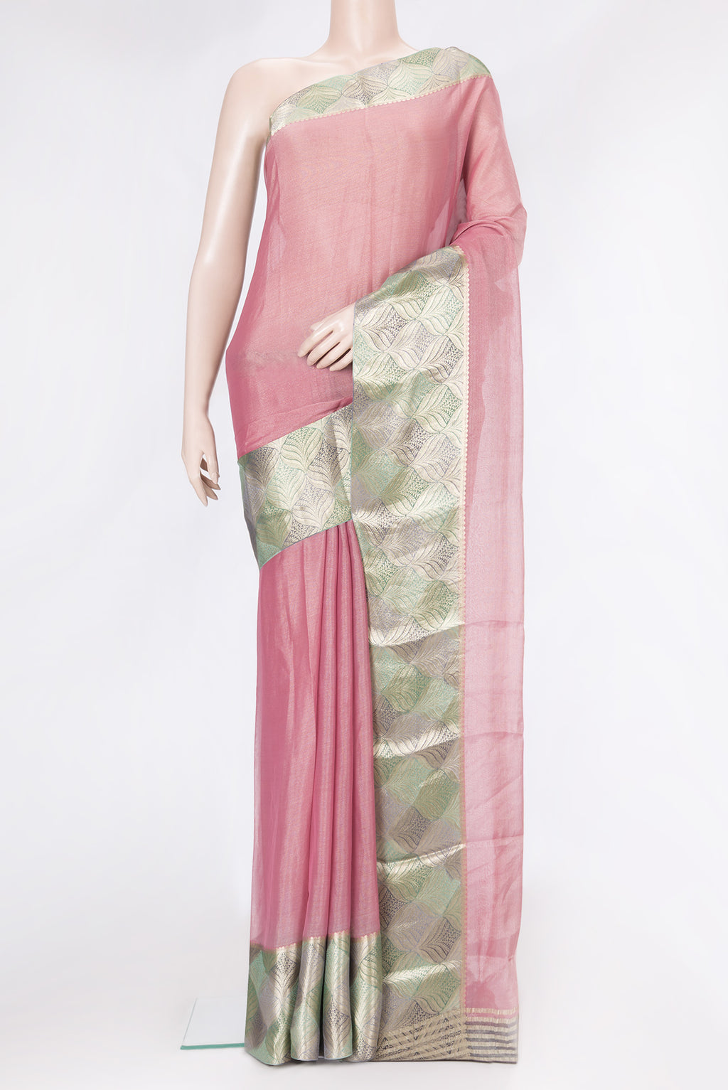 Pink Dual Tone Georgette Saree with Plain Body and Fancy Border.  displayed on a mannequin