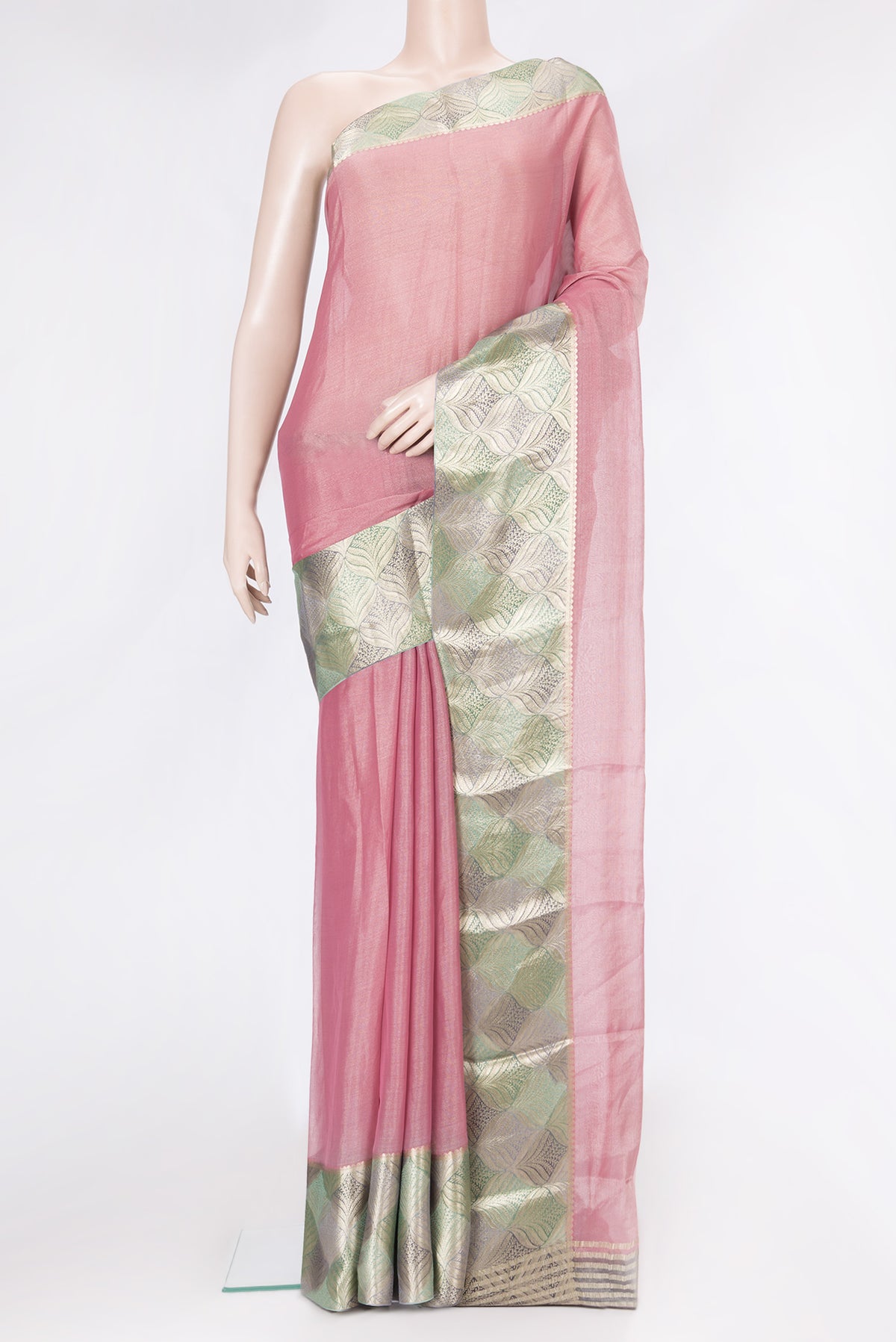 Pink Dual Tone Georgette Saree with Plain Body and Fancy Border.  displayed on a mannequin