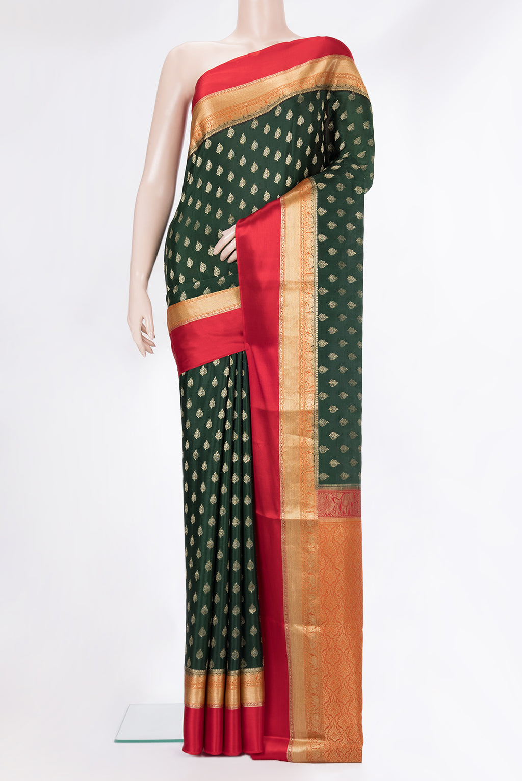 Bottle Green Dual Tone Banarasi Georgette Saree with Zari Butta on the body and Zari Border.  displayed on a mannequin