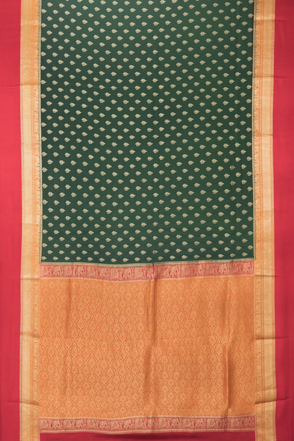 Flat view of Bottle Green Dual Tone Banarasi Georgette Saree with Zari Butta on the body and Zari Border. 