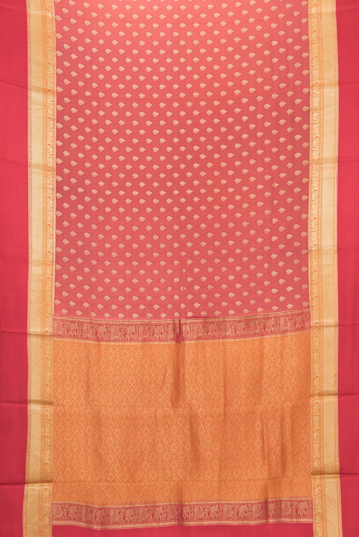Flat view of Dark Pink Dual Tone Mysore Crepe Saree with Zari Butta on the body and Zari Border. 