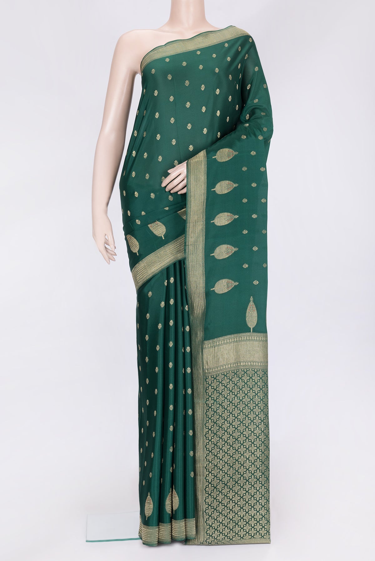 Bottle Green Dual Tone Mysore Georgette Saree with Zari Butta on the body and Zari Border.  displayed on a mannequin