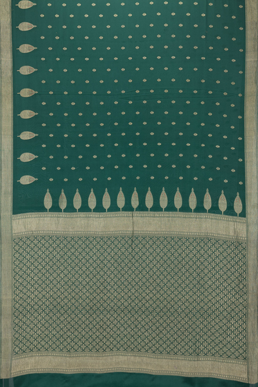 Flat view of Bottle Green Dual Tone Mysore Georgette Saree with Zari Butta on the body and Zari Border. 