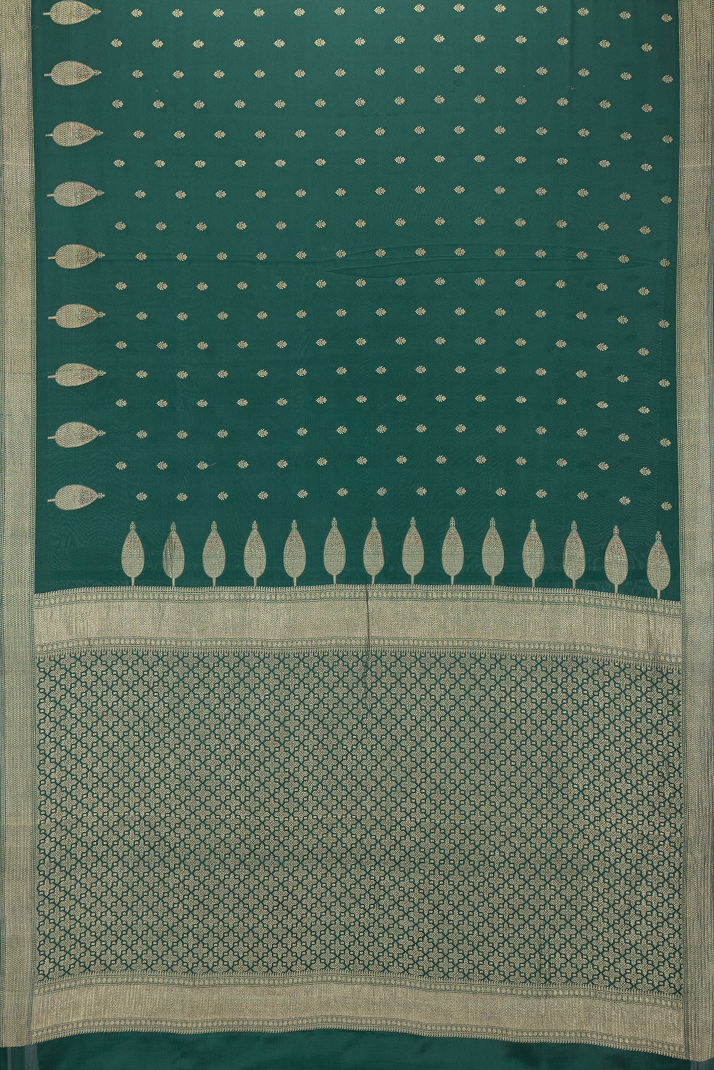 Flat view of Bottle Green Dual Tone Mysore Georgette Saree with Zari Butta on the body and Zari Border. 