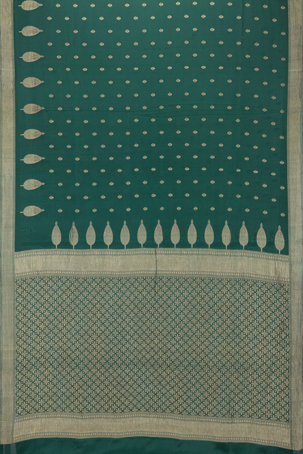 Flat view of Bottle Green Dual Tone Mysore Georgette Saree with Zari Butta on the body and Zari Border. 
