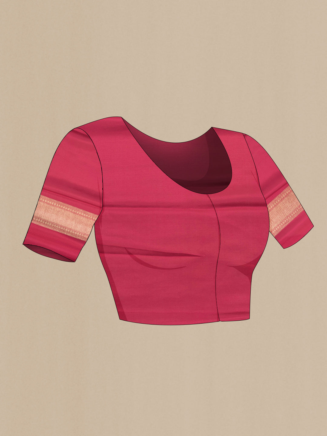 Close up image of the blouse of Red Mysore Crepe Saree with Zari And Thread Butta on the body and Zari Border. 