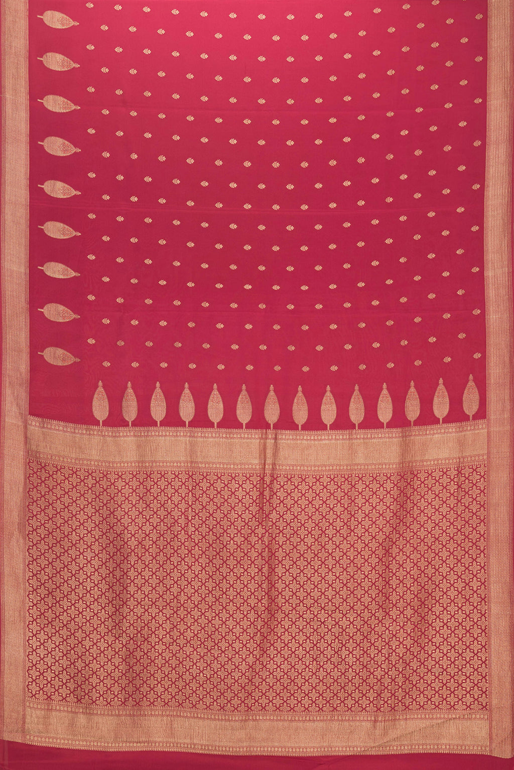 Flat view of Red Mysore Crepe Saree with Zari And Thread Butta on the body and Zari Border. 