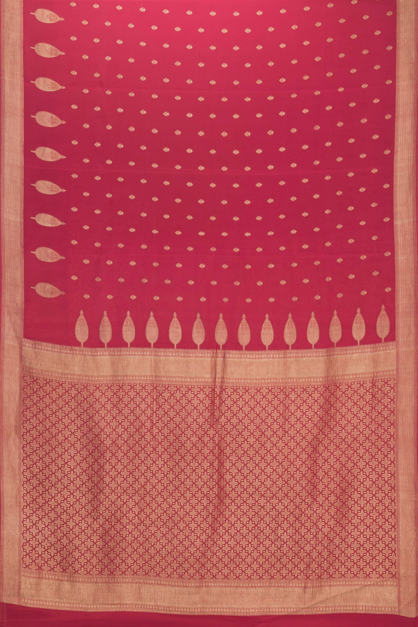 Flat view of Red Mysore Crepe Saree with Zari And Thread Butta on the body and Zari Border. 