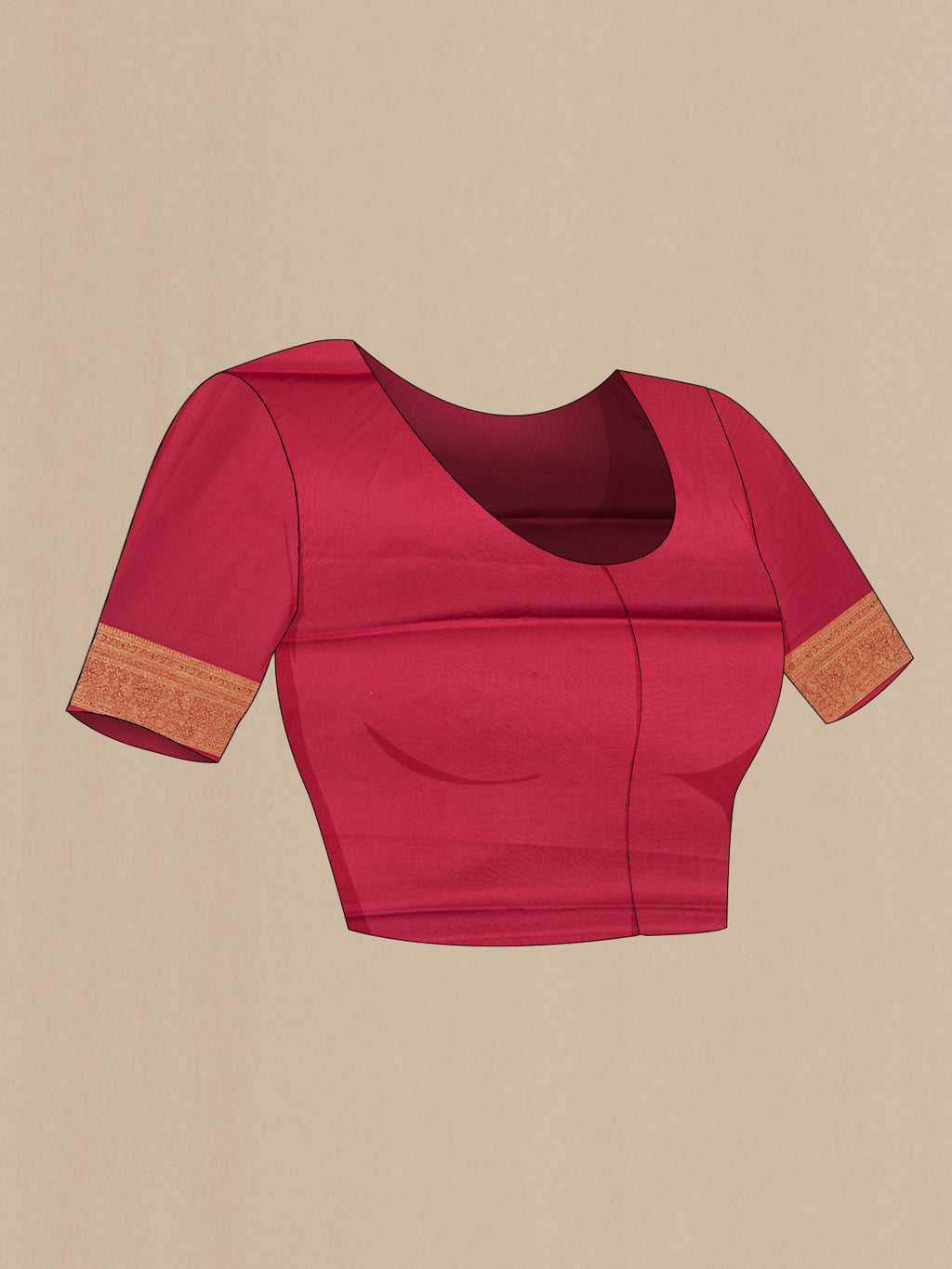 Close up image of the blouse of Maroon Crepe Saree with Zari Butta on the body and Zari Border. 