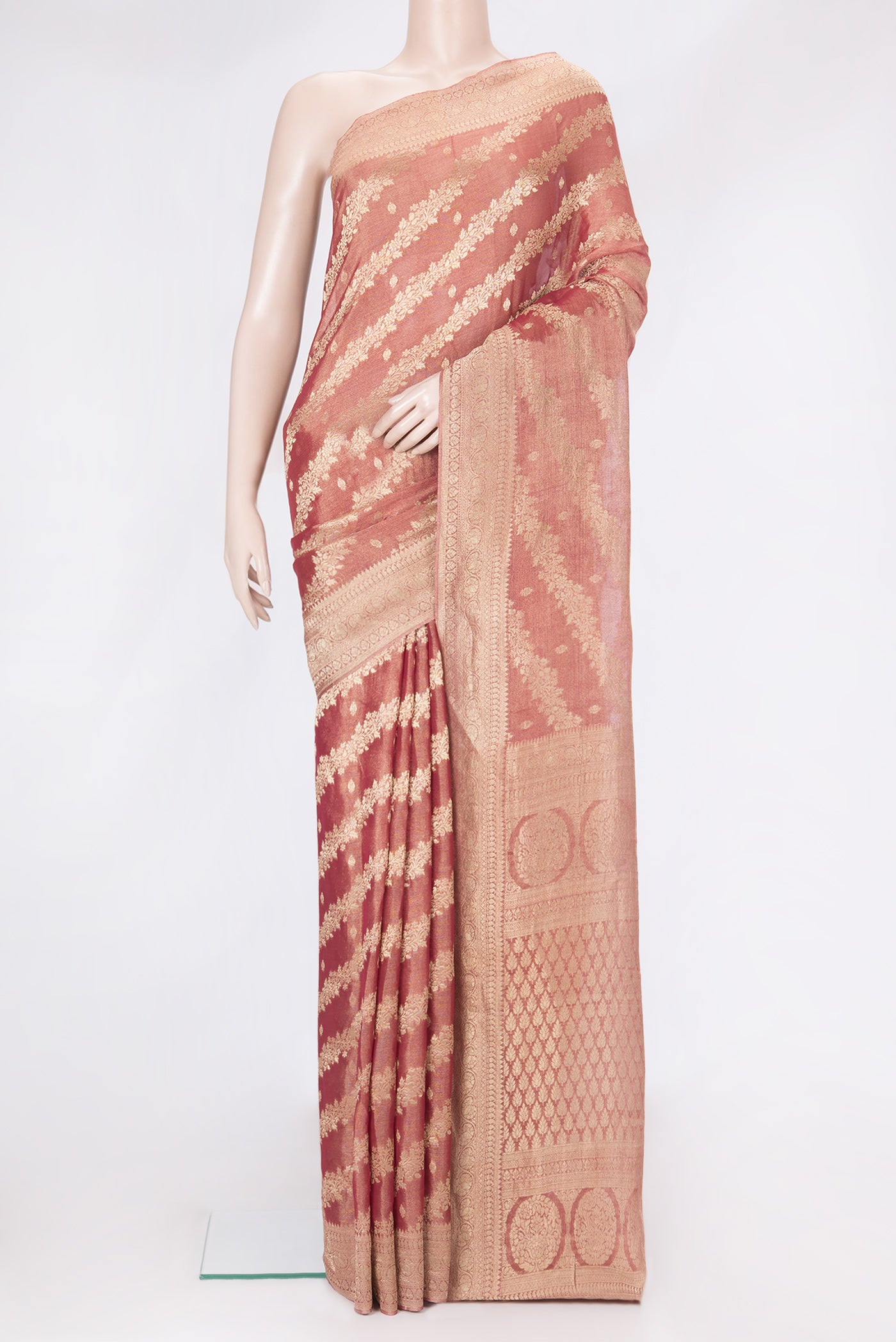 Dark Pink Dual Tone Georgette Saree with Zari Brocade on the body and Zari Border.  displayed on a mannequin