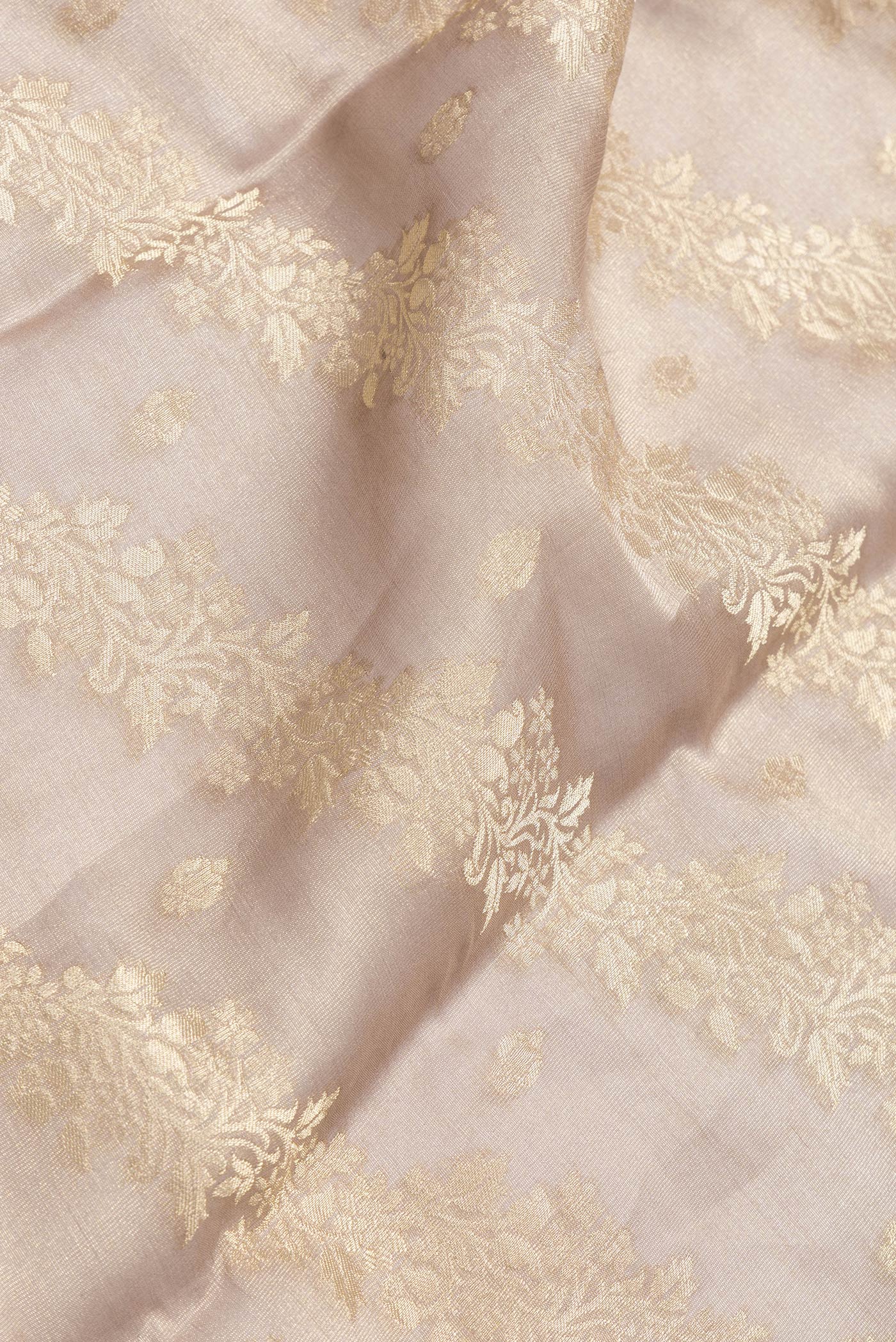 Close up of Brown Dual Tone Mysore Georgette Saree with Zari Brocade on the body and Zari Border.  displaying folds