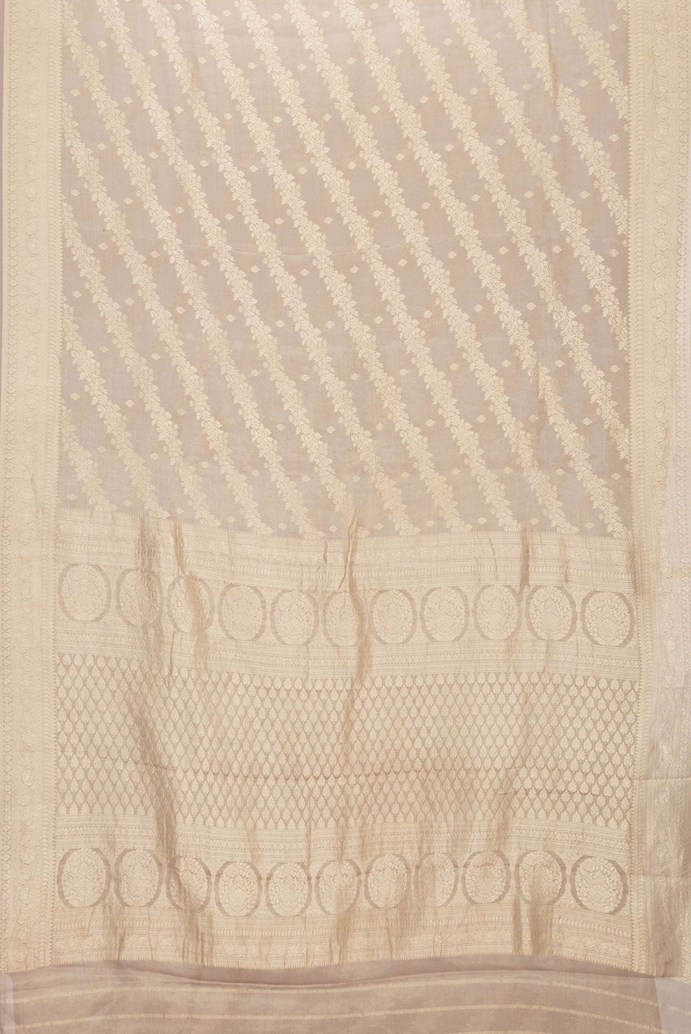 Flat view of Brown Dual Tone Mysore Georgette Saree with Zari Brocade on the body and Zari Border. 