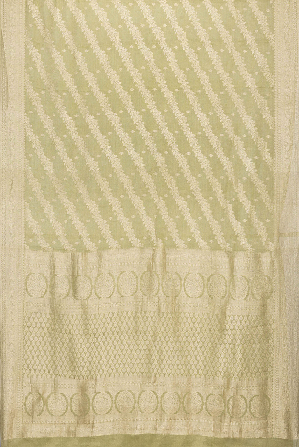Flat view of Mehandi Green Dual Tone Mysore Georgette Saree with Zari Brocade on the body and Zari Border. 